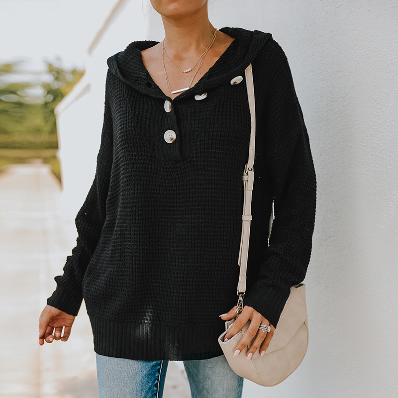 

Nursing Half Button Solid Color V Neck Long-sleeve Maternity Knit Hooded Sweater