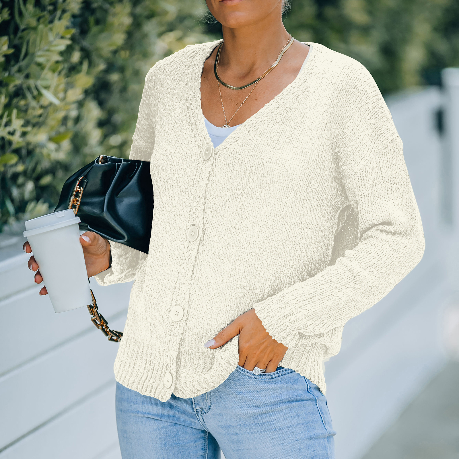 

Solid Color V Neck Button Knit Cardigan