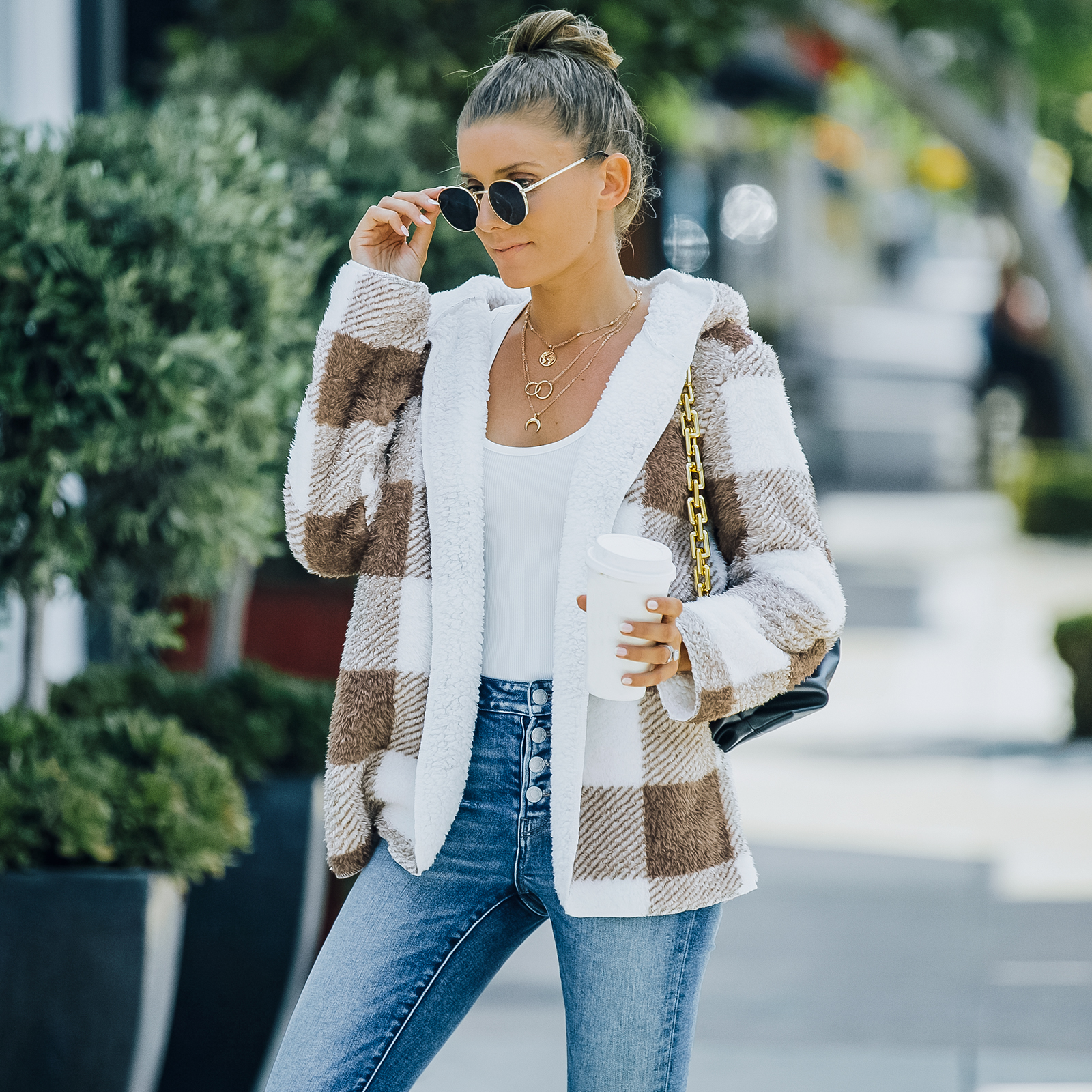 

Plaid Long-sleeve Cardigan Plush Coat