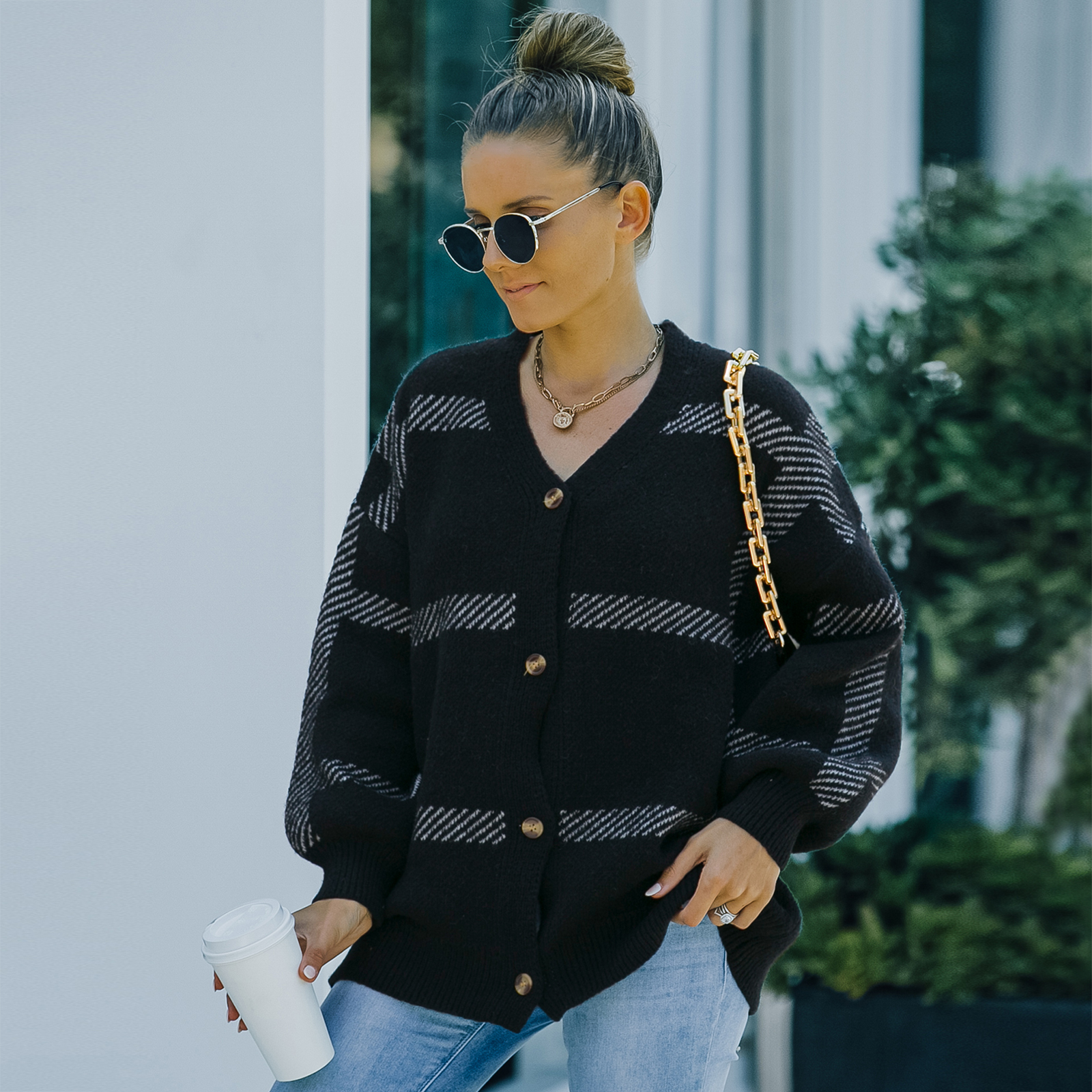 

Maternity Striped Button Up Long-sleeve Sweater Coat