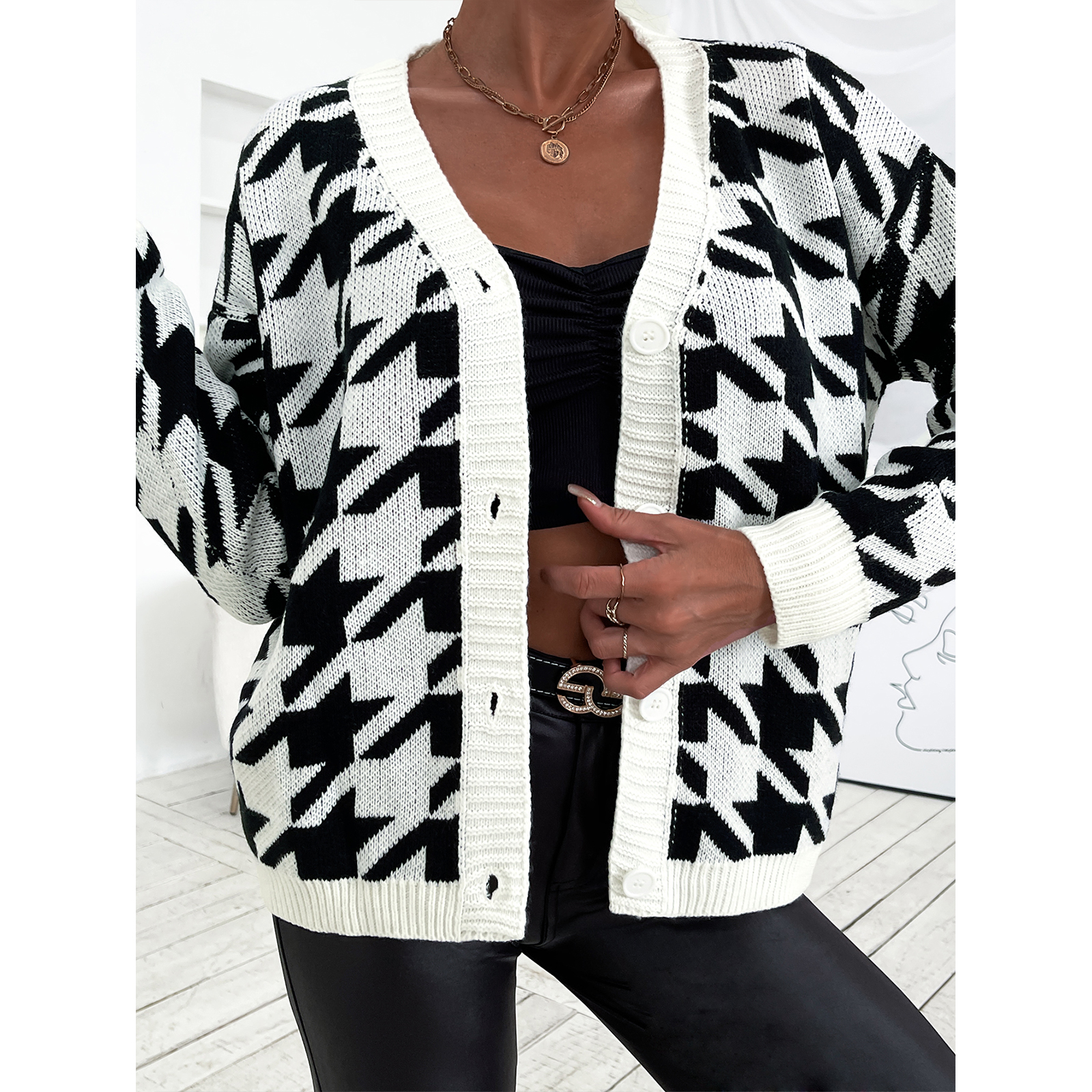 

Maternity Houndstooth Single Breasted Long-sleeve Coat