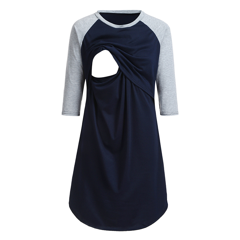 

Fashionable Color Contrast Long-sleeve Nursing Dress