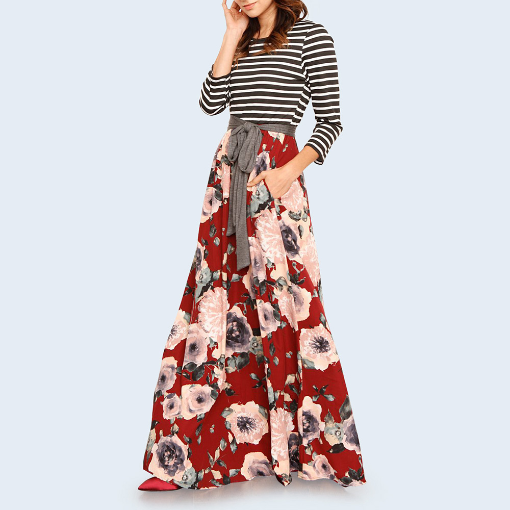 

Stylish Color Contrast Floral Striped Maxi Dress