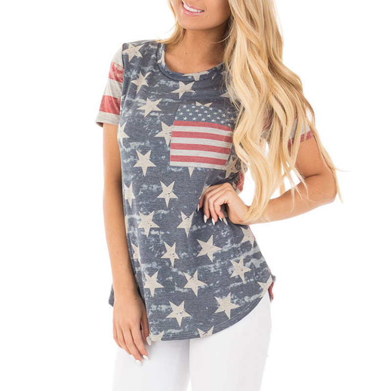 

Stylish Star Printed Striped Short-sleeve Top