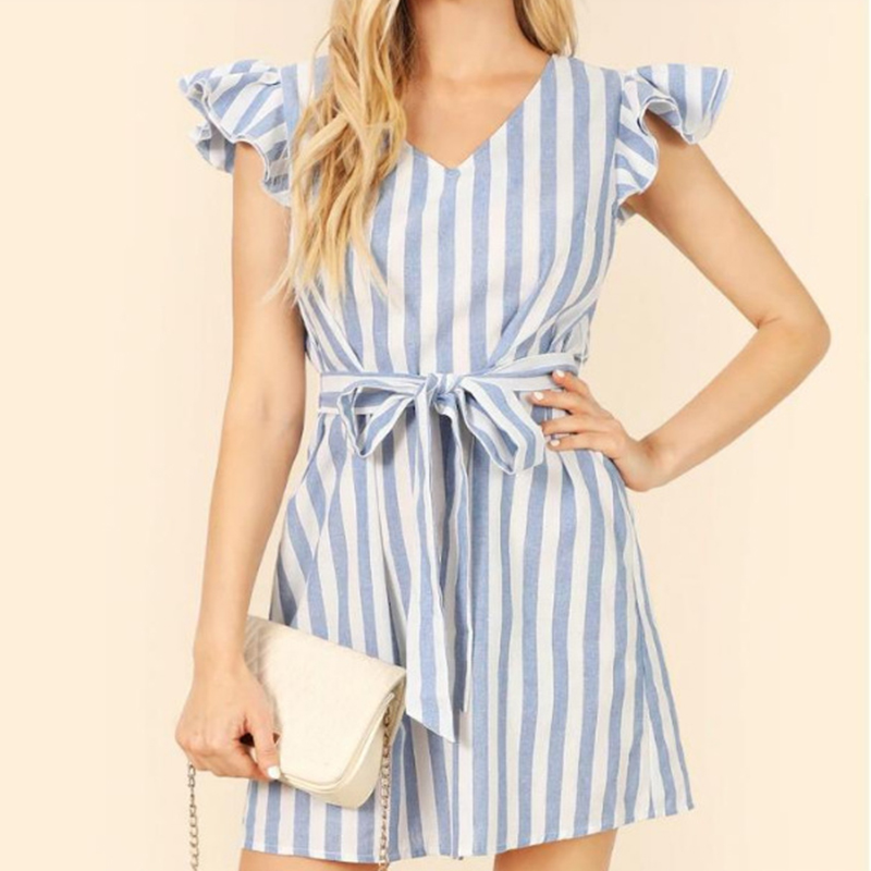 

Stunning Striped Flutter-sleeve Dress