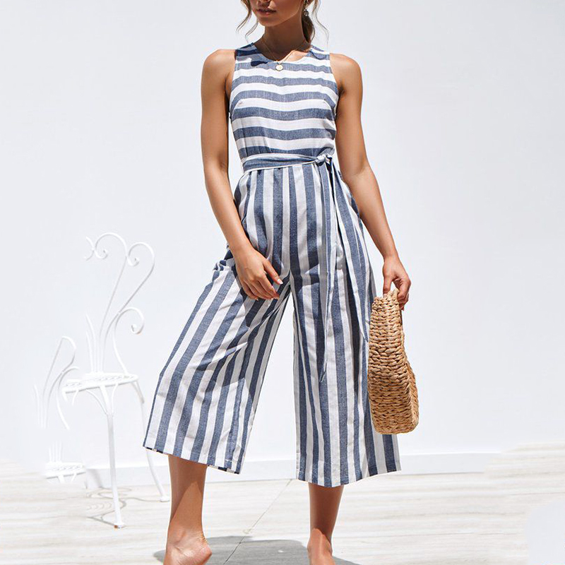 

Trendy Striped Tie-up Sleeveless Jumpsuit