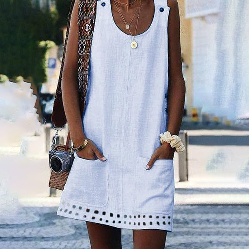 

Casual Solid Button Decor Pocket Design Dress