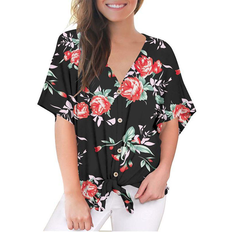 

Trendy Floral Front Knot Blouse