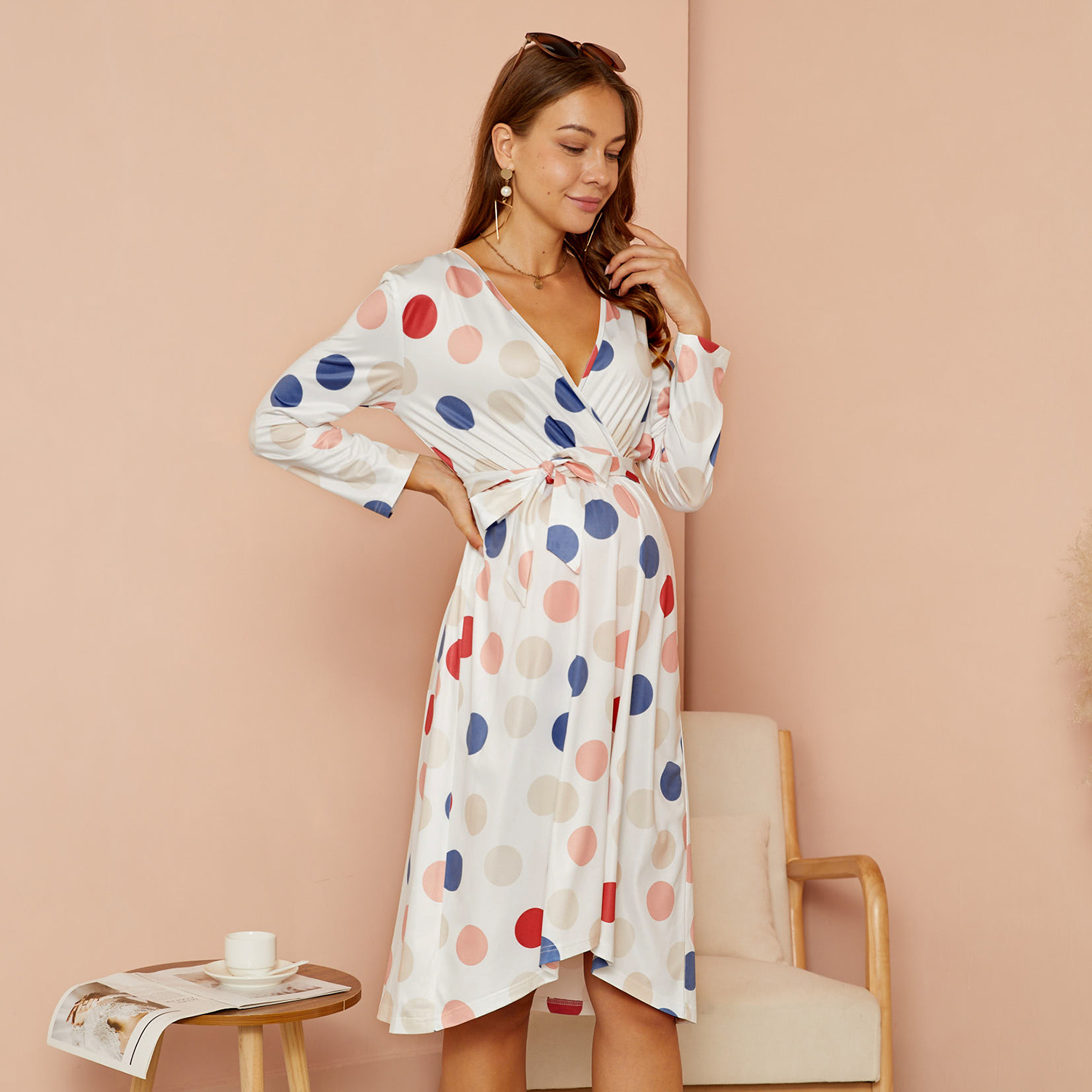 

Maternity V-neck Polka dot full print Knee length X Long-sleeve Nursing Dress