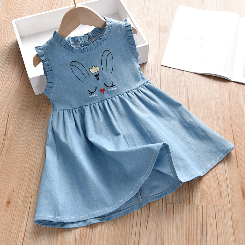 

Lovely Solid Cartoon Rabbit Print Flounced Sleeveless Denim Dress