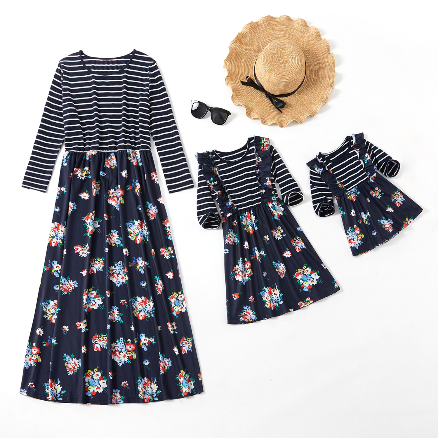 

Stripe Stitching Floral Print Long-sleeve Matching Dresses