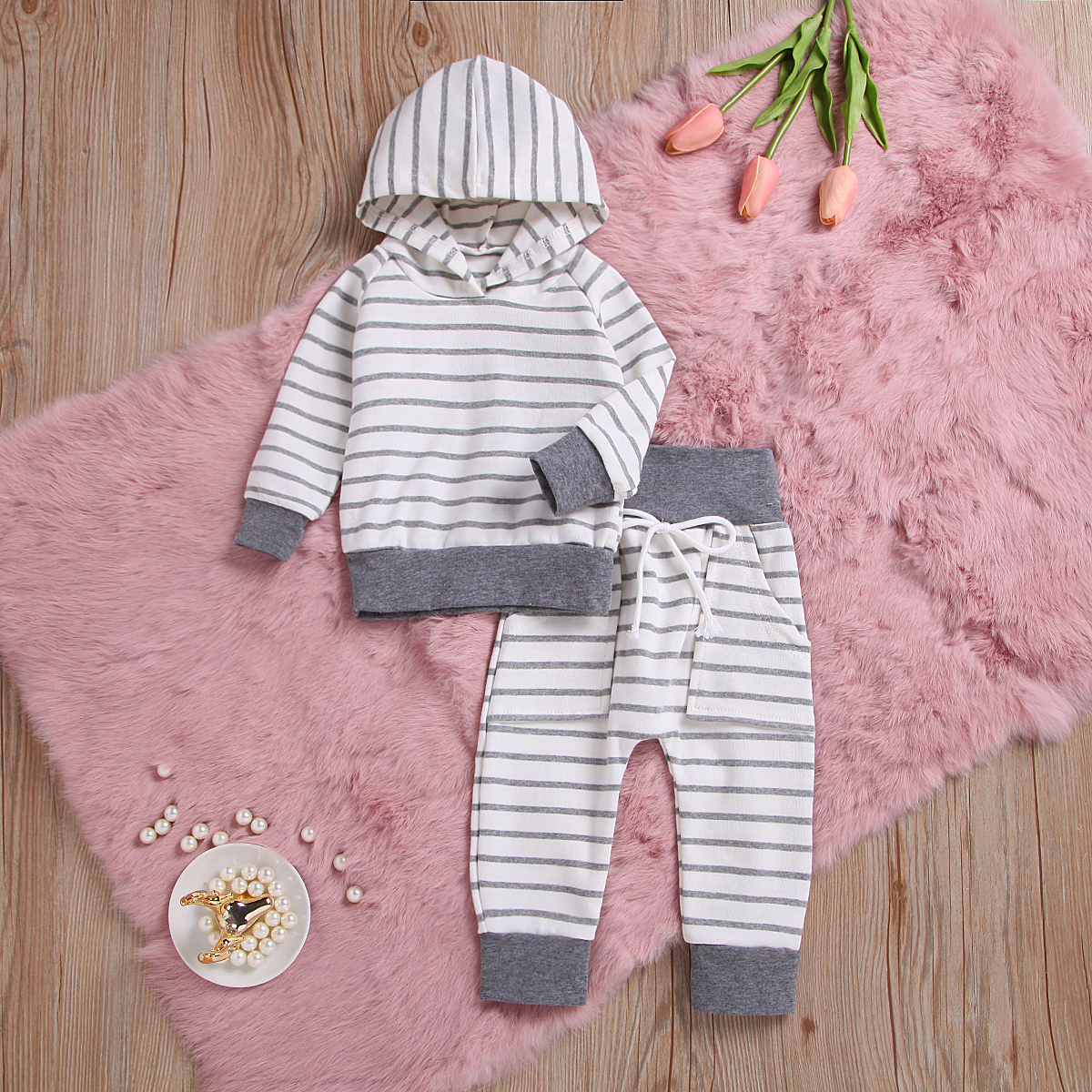 

2-piece Casual Striped Long-sleeve Hoodie and Pants Set for Baby