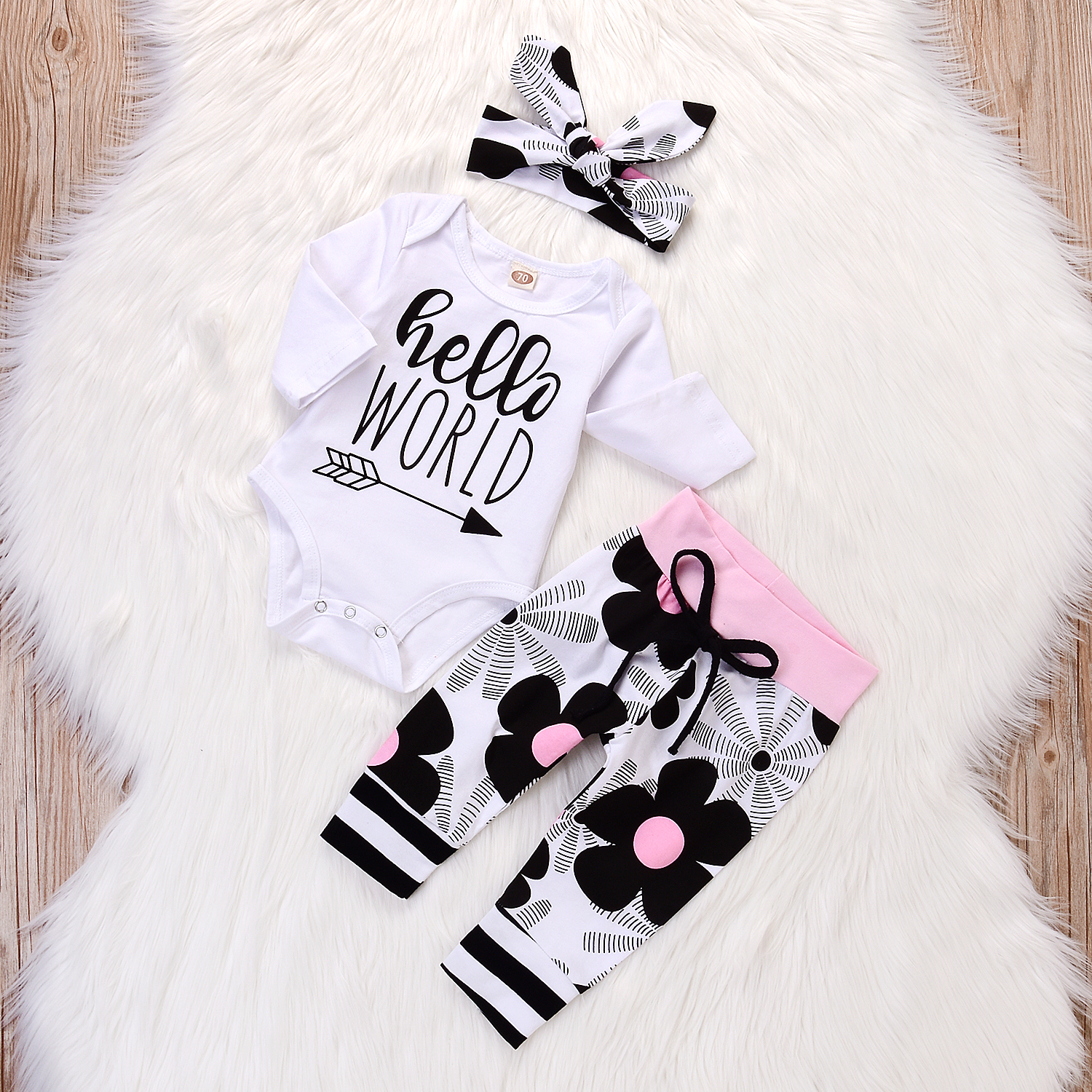 

3-piece Casual Letter Print Long-sleeve Bodysuit, Floral Pants and Headband Set