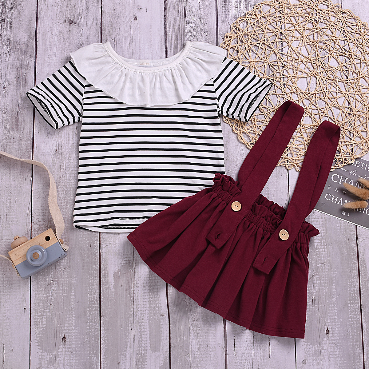

Ruffled Striped Tee and Solid Skirt Set