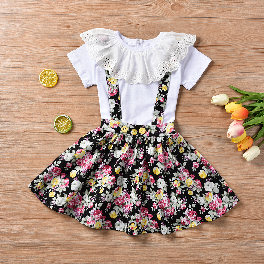 

2-piece Baby Girl Lace Collar Top and Strappy Skirt Set
