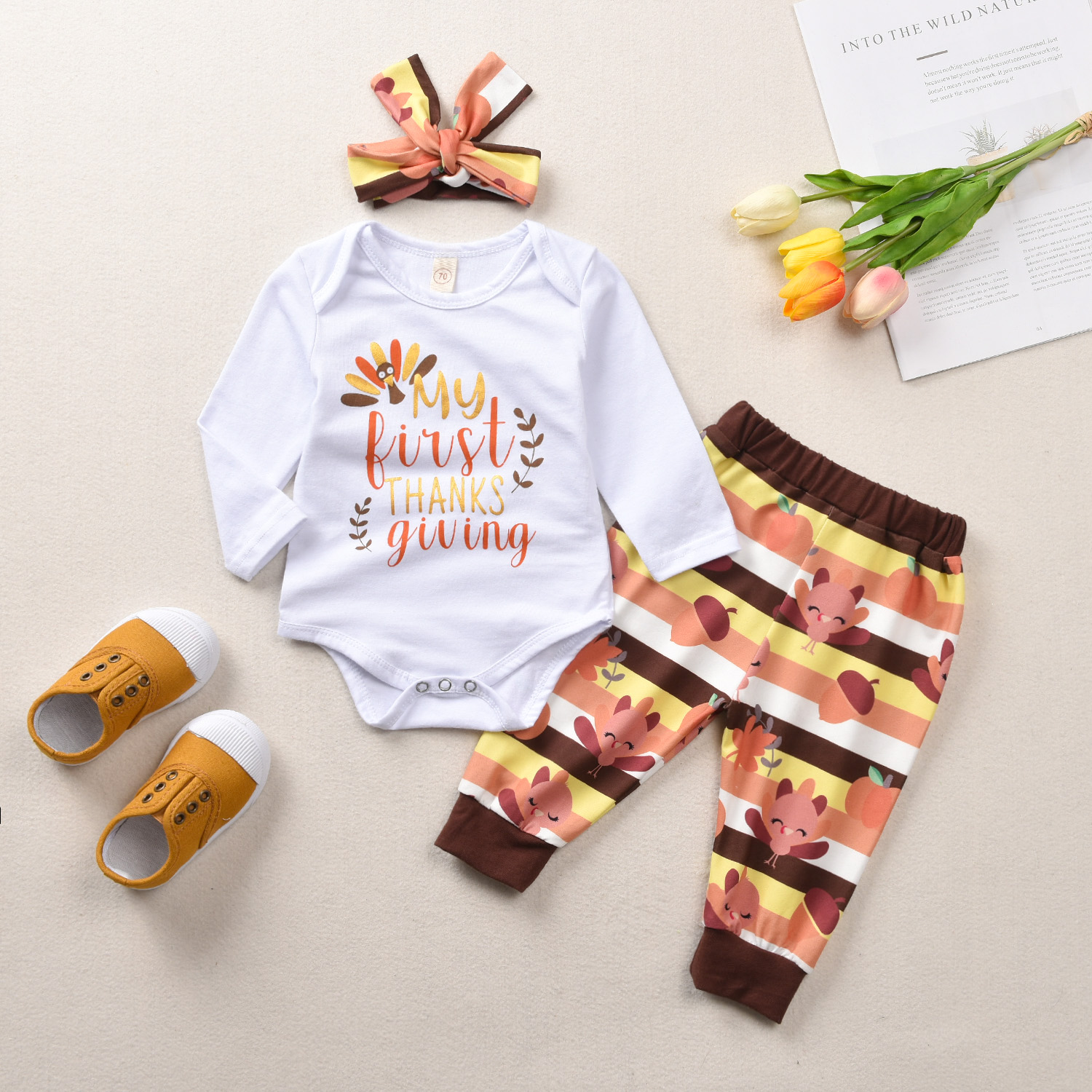 

3-piece Baby / Toddler MY FIRST THANKSGIVING Print Bodysuit and Turkey Striped Pants with Headband Set