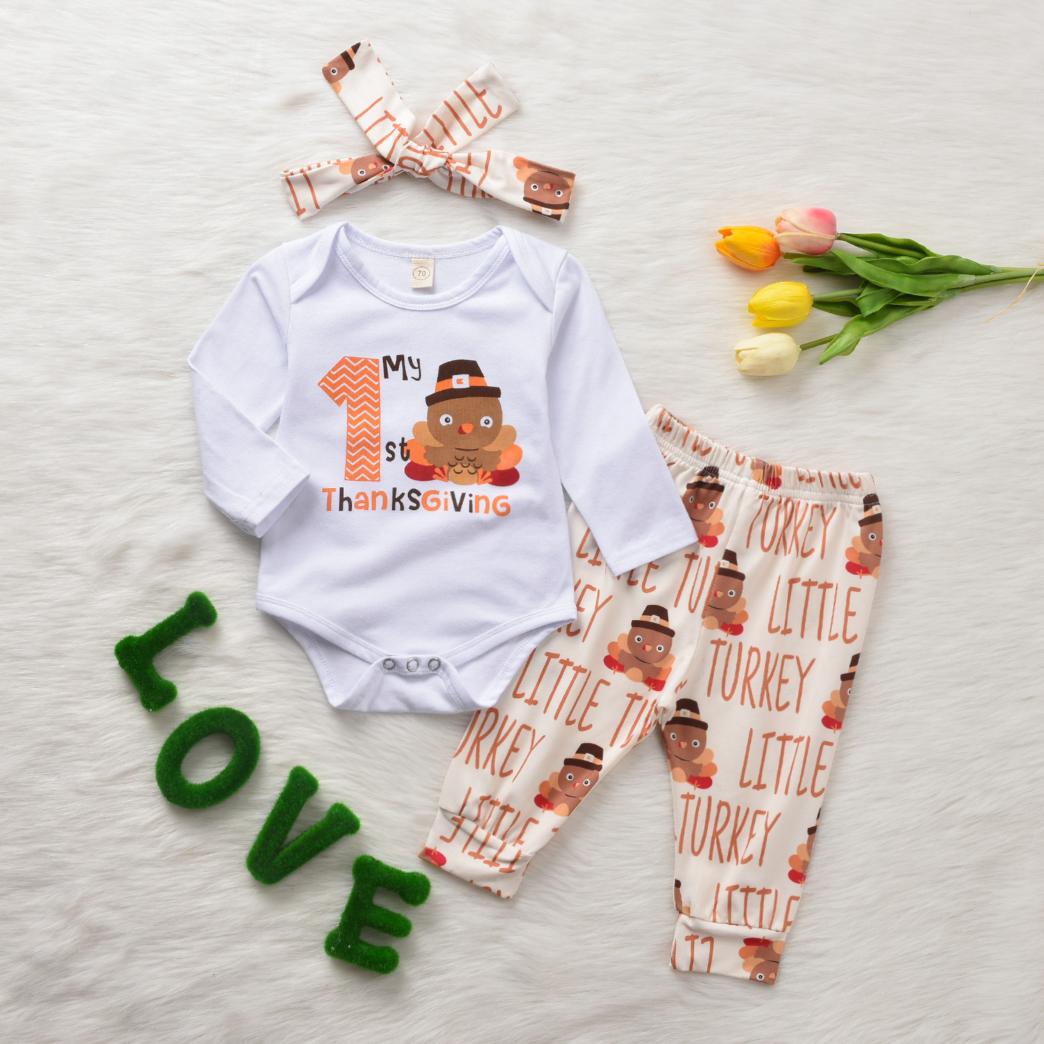 

3-piece Baby Thanksgiving Turkey Print Long-sleeve Bodysuit and Pants with Headband Set