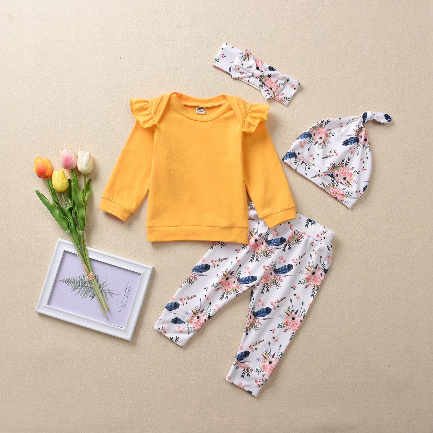 

4-piece Baby Girl Flutter-sleeve Solid Top Floral Print Pants and Hat with Headband Set