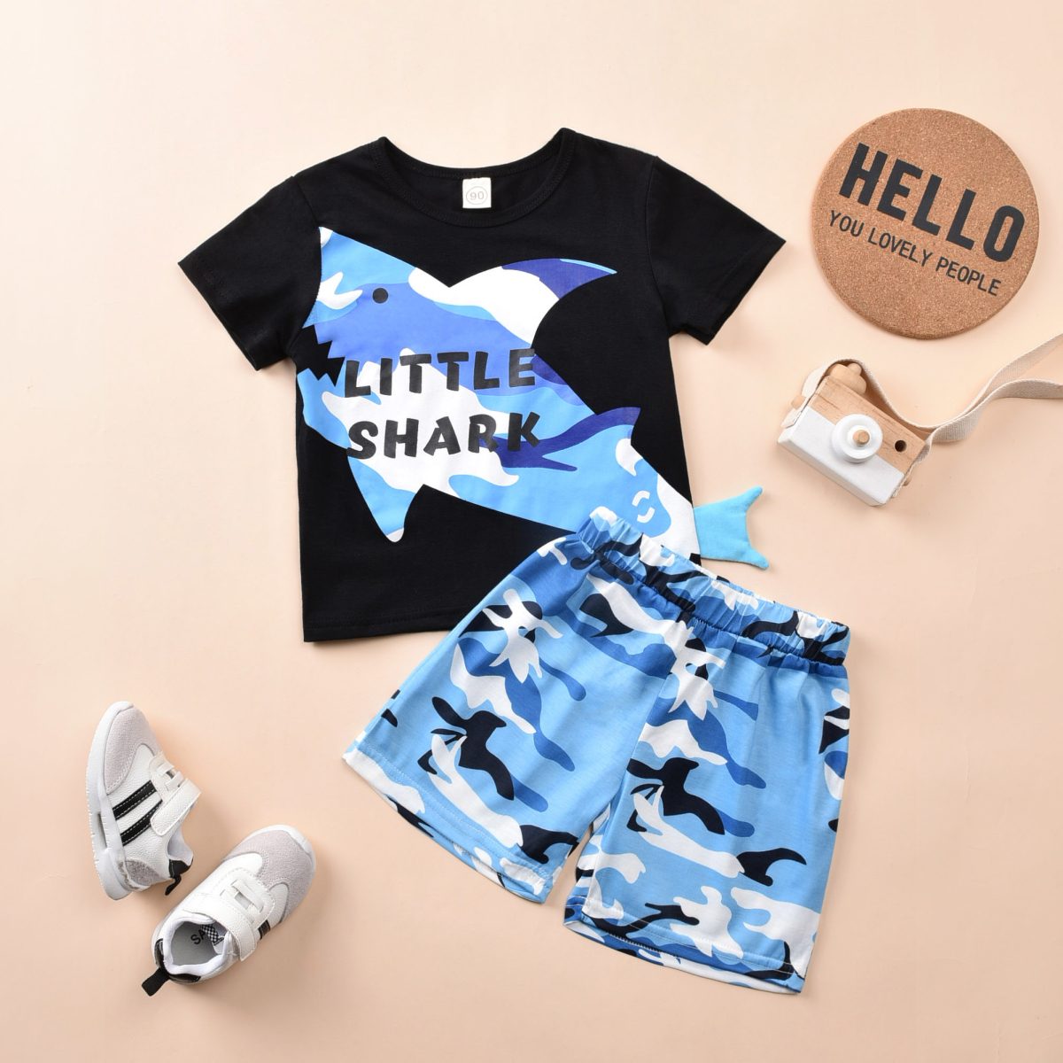 

2-piece Toddler Boy Stylish Shark Decor Tee and Shorts Set