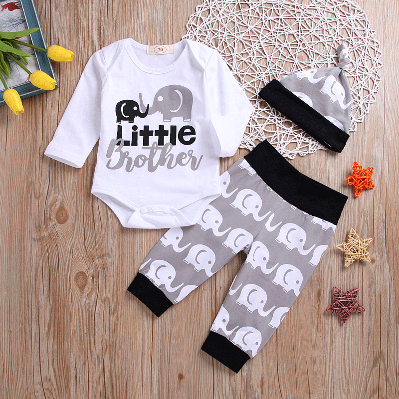 

3-piece Cute Elephant Print Long-sleeve Bodysuit, Pants and Hat Set