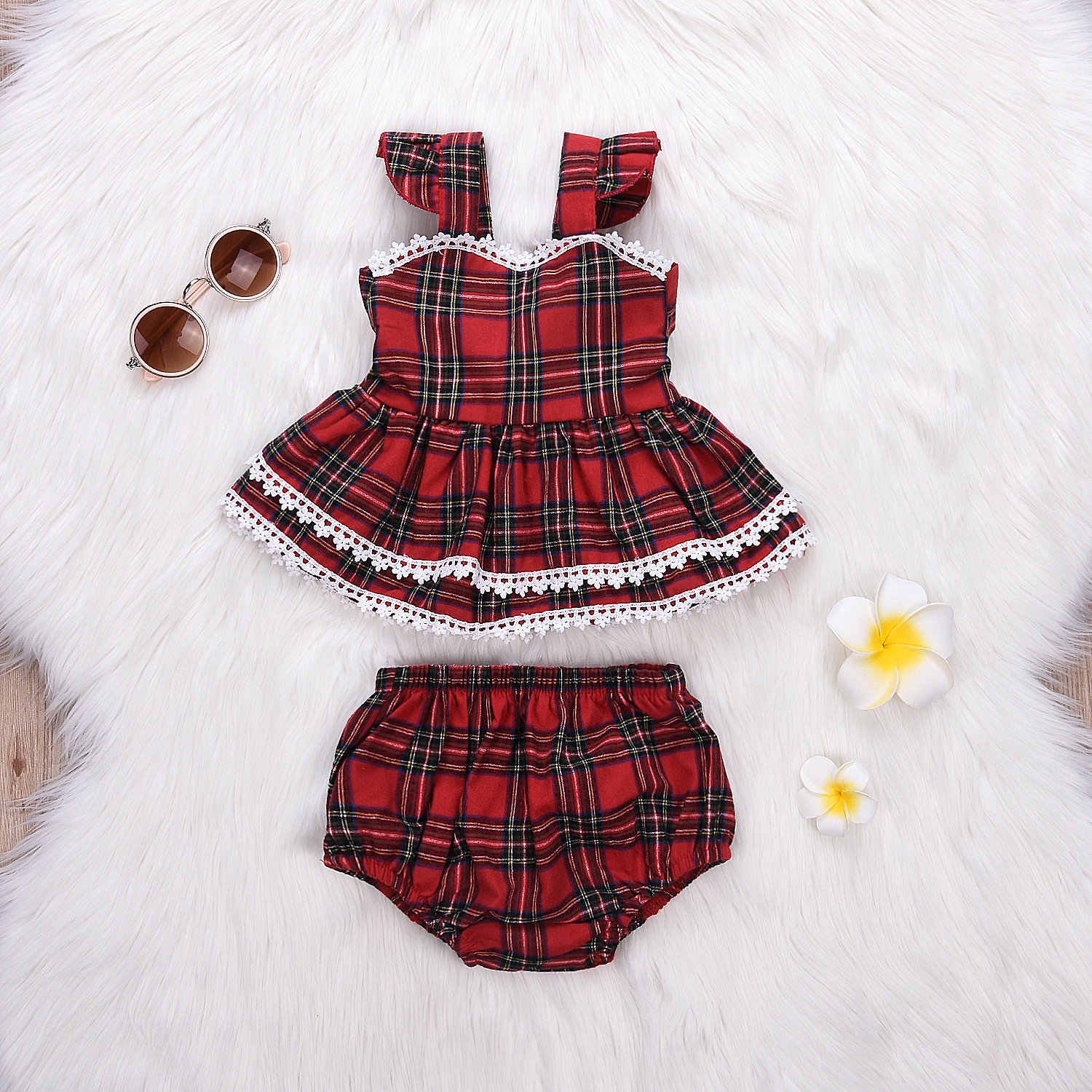 

2-piece Trendy Christmas Plaid Lace-trimmed Backless Dress and Shorts Set