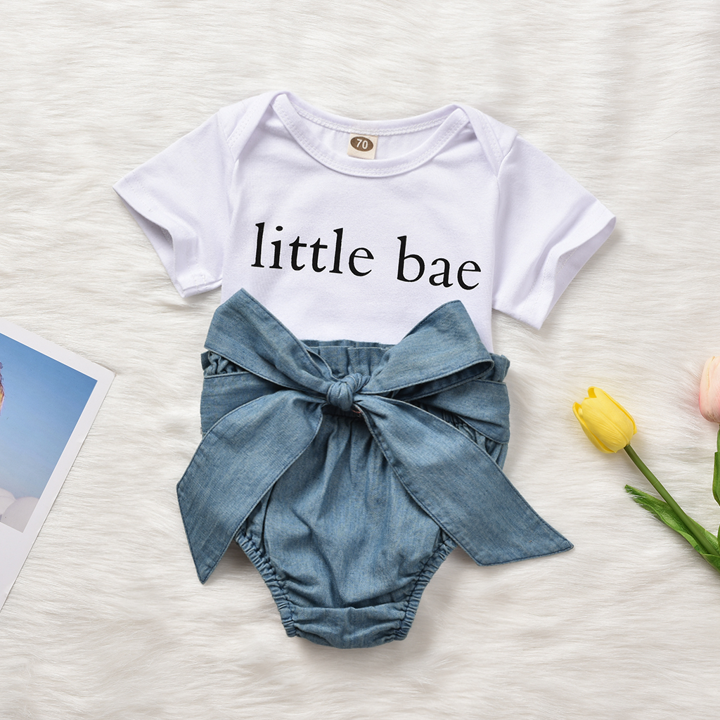 

2-piece Baby/Toddler Girl's Letter Print Bodysuit and Denim Bow Shorts