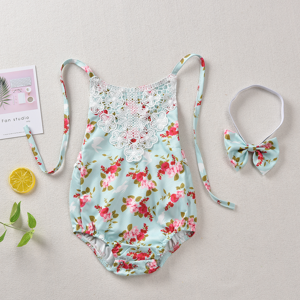 

Baby Floral Print Embroidered Flower Halter Bodysuit