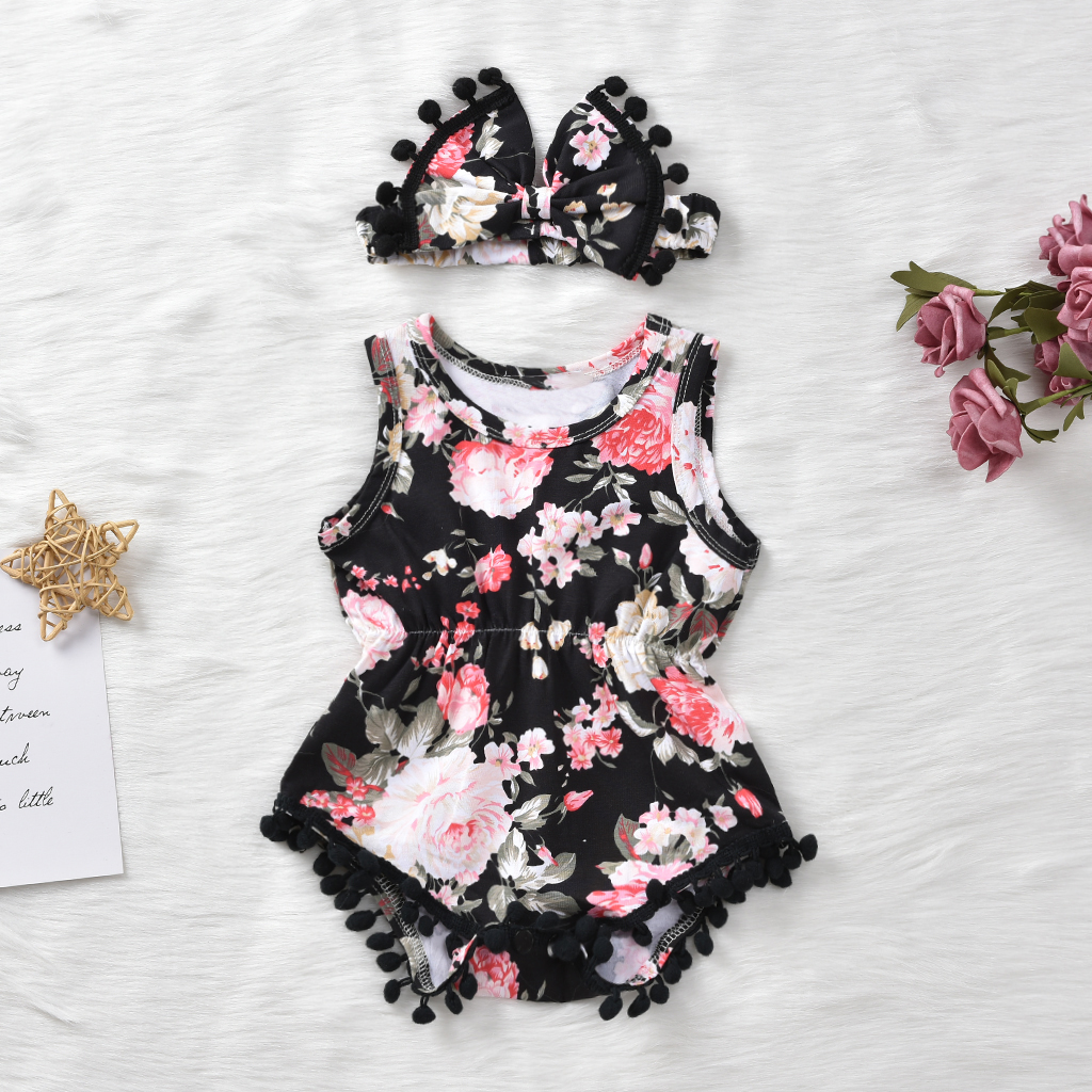 

Baby Rose Floral Bodysuit and Pompon Decor Headband