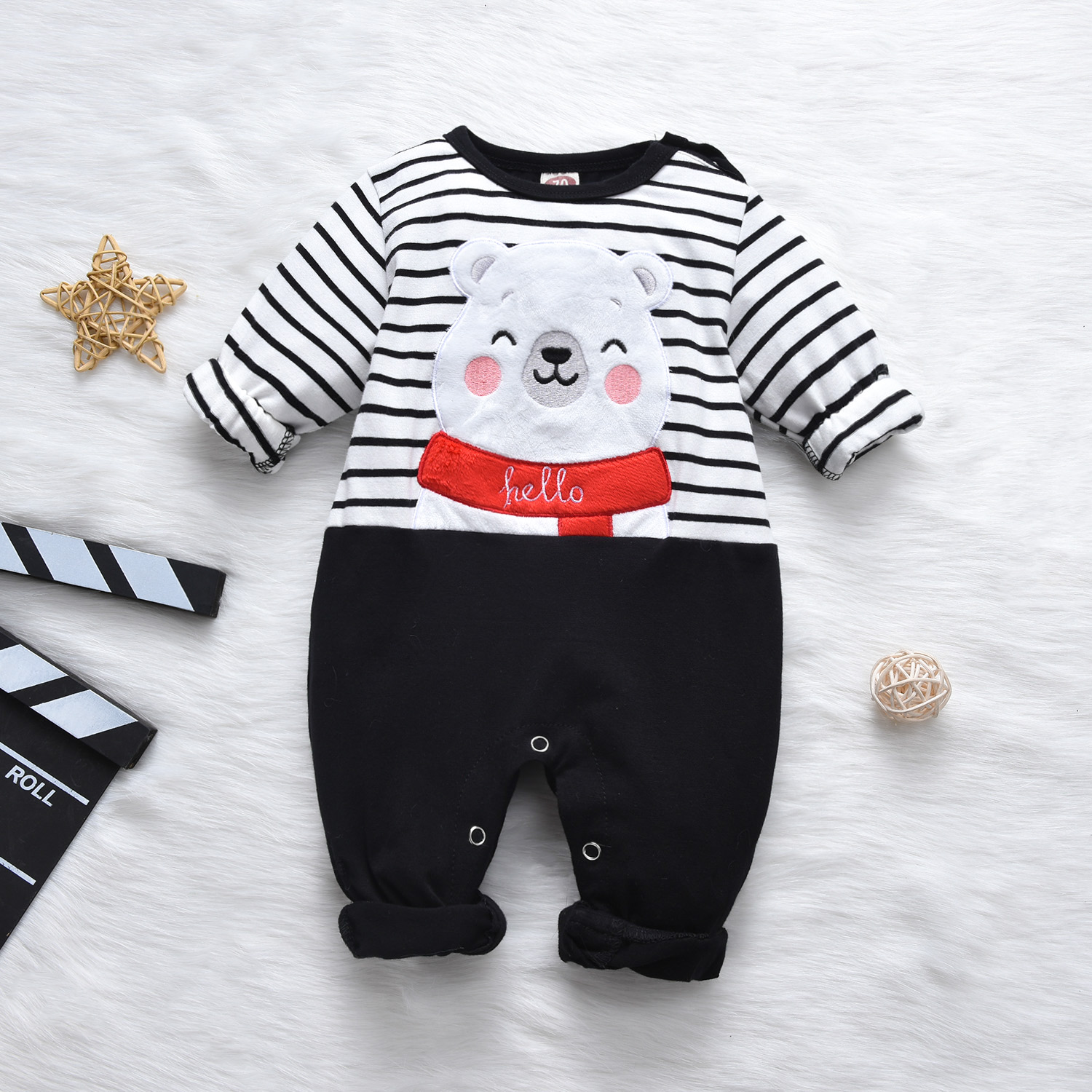 

Baby Boy Stripe Bear Embroidery Long-sleeve Jumpsuit