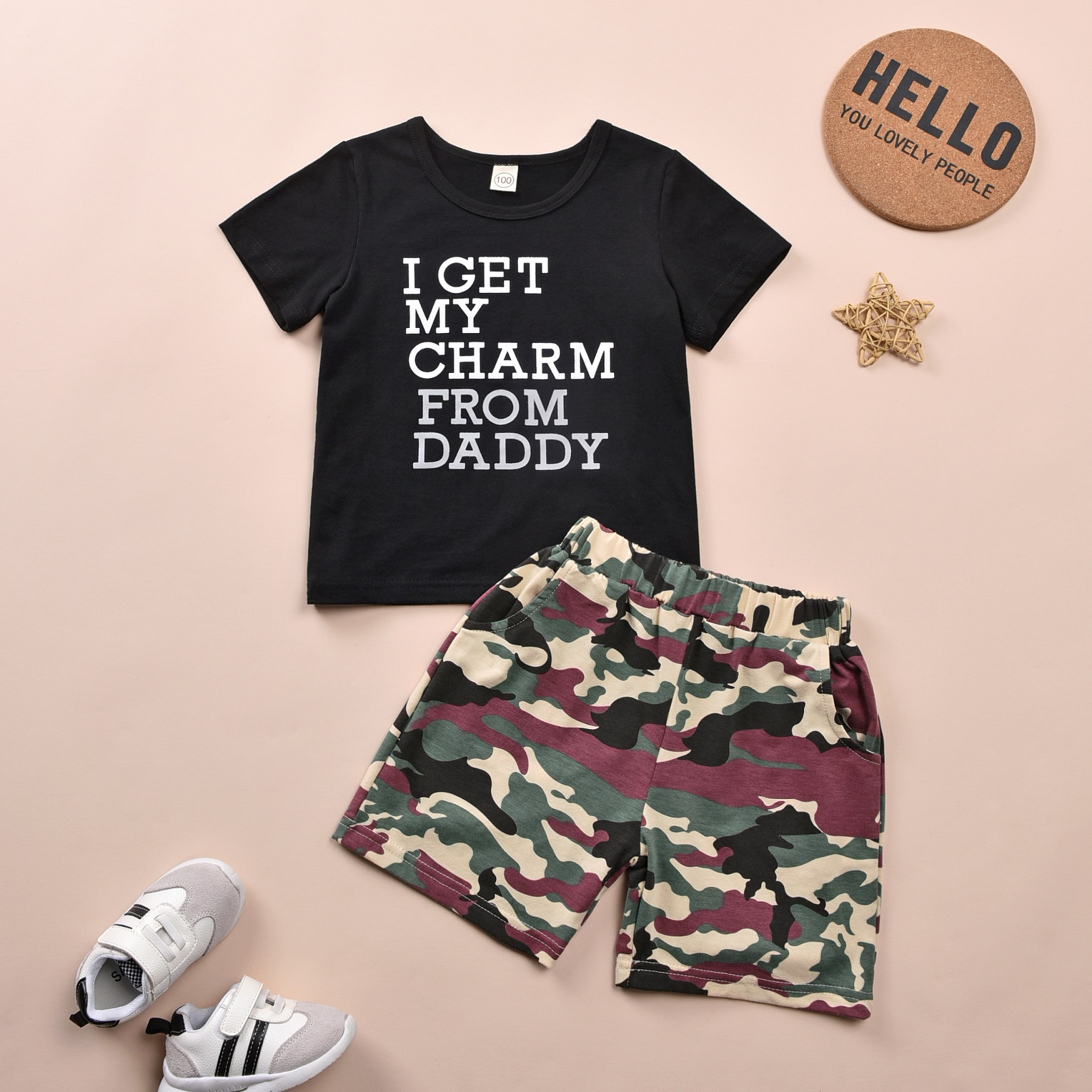 

2-piece Baby / Toddler Boy Letter Print Top and Camouflage Shorts Set