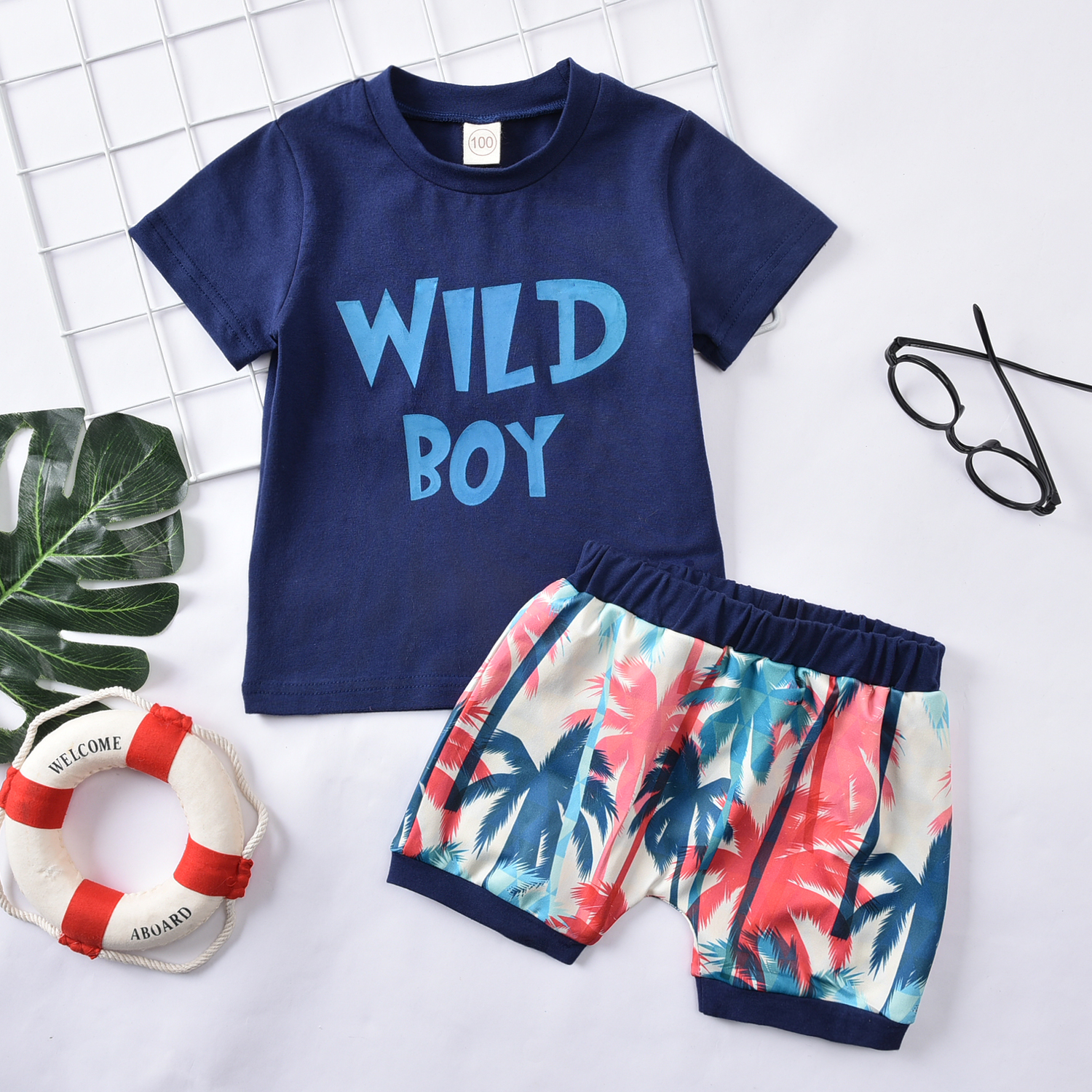 

2pcs Baby Boy casual Floral Solid Top Cotton Short-sleeve Baby's Sets