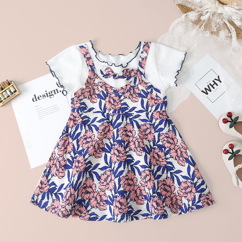 

Bow Floral Allover Flounced Collar Flutter-sleeve Dress for Girls