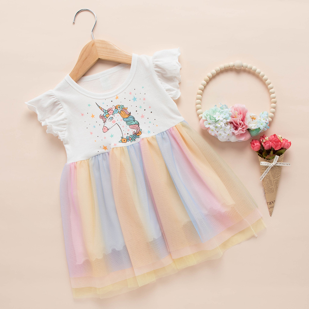

Trendy Colorful Unicorn Splice Flutter-sleeve Dress for Girls