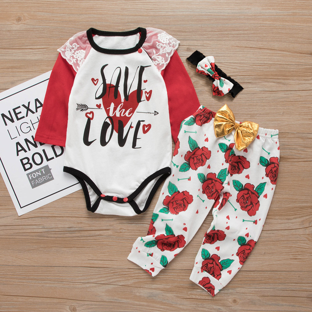 

3-piece Baby Girl SAVE THE LOVE Print Lace Shoulder Bodysuit and Floral Pants with Headband