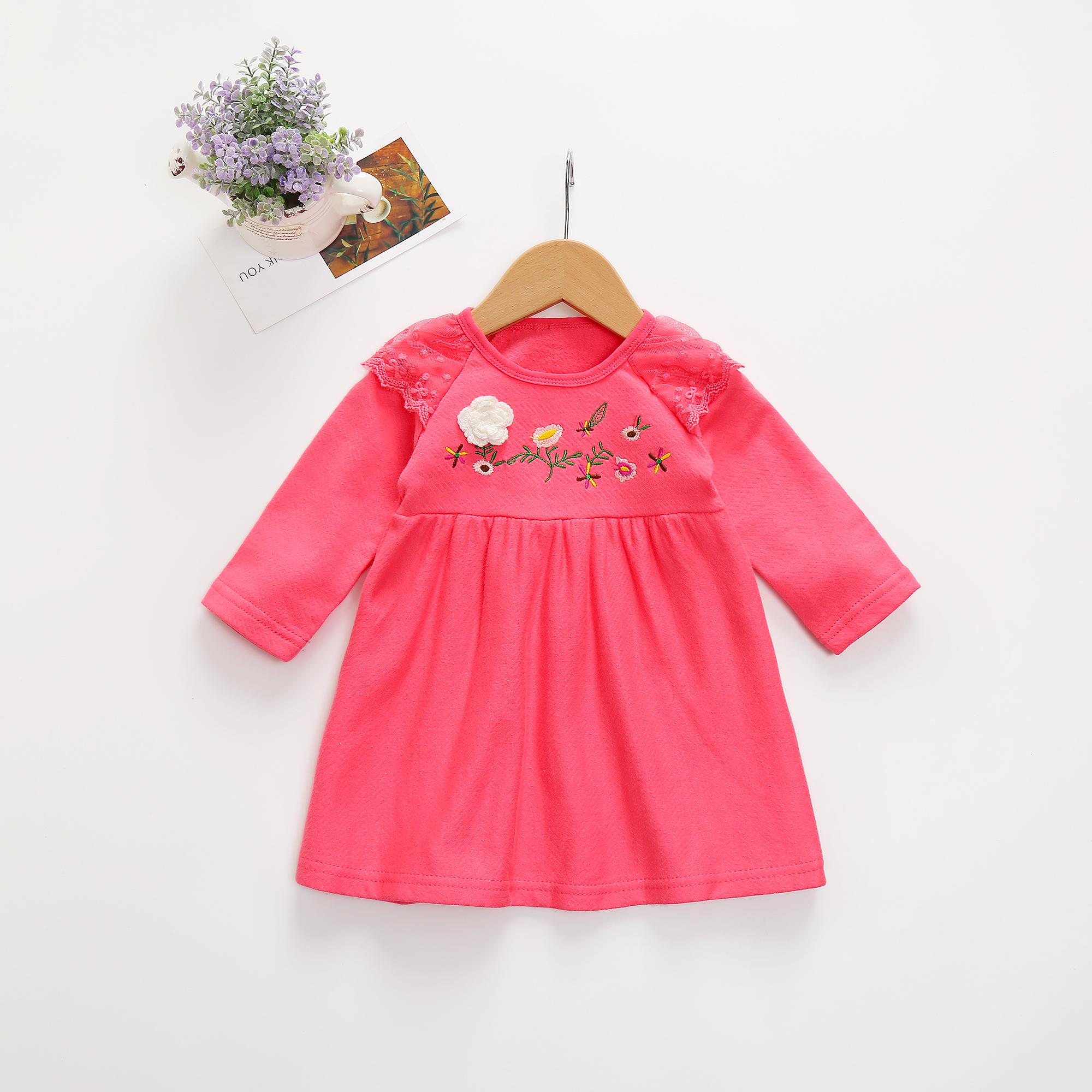 

Baby / Toddler Solid Floral Embroidered Tulle Shoulder Long-sleeve Dress