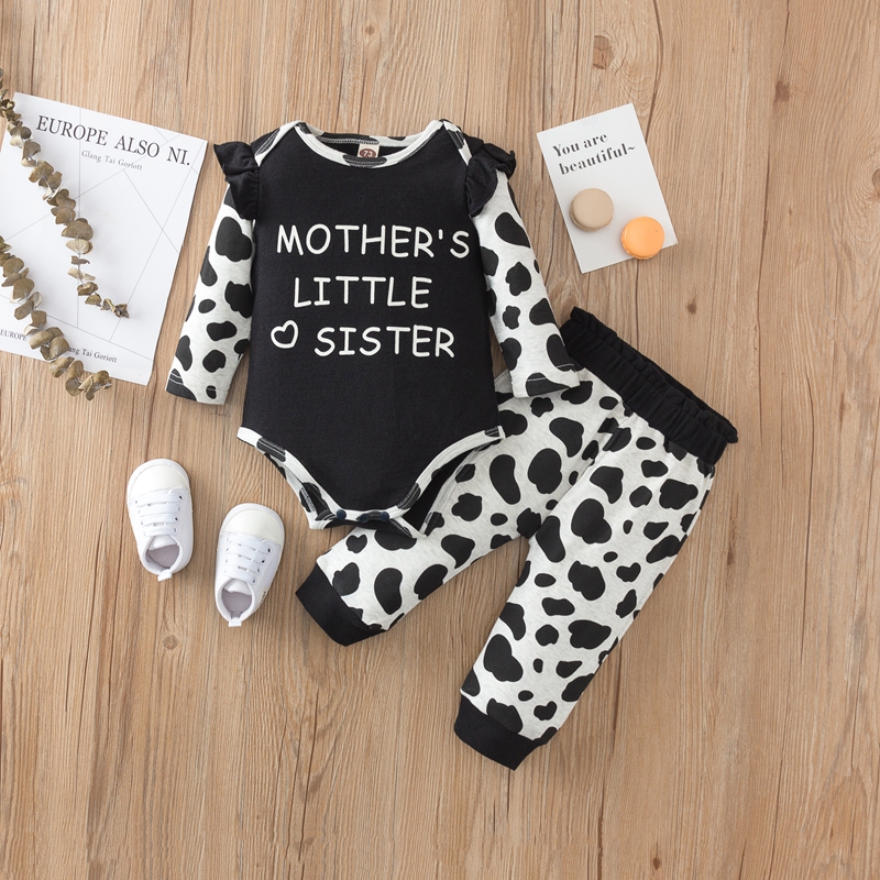 

100% Cotton 2pcs Cow Pattern Letter Print Long-sleeve Black Baby Set