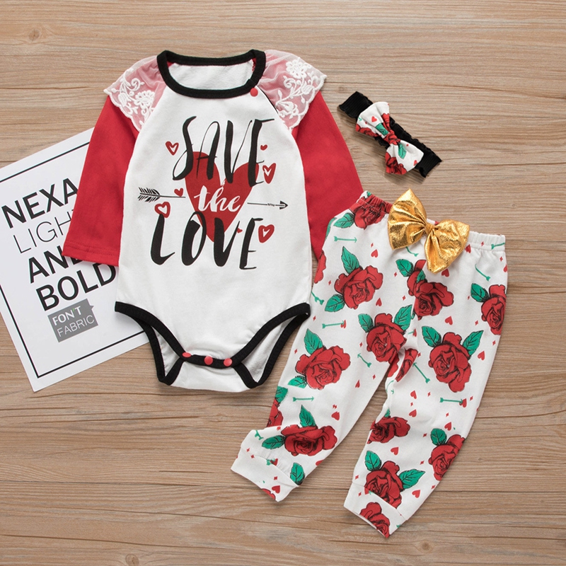 

3pcs Baby Girl Sweet rose Baby's Sets Long-sleeve Romper Infant Clothing Outfits