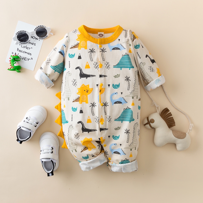 

100% Cotton Dino Print Long-sleeve Baby Jumpsuit