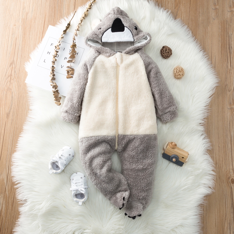 

Cartoon Animal Hooded Long-sleeve Footed Grey Baby Fleece Jumpsuit