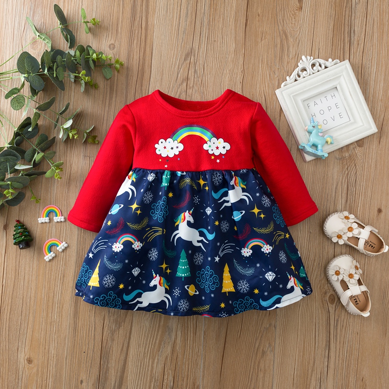 

Baby Girl Rainbow & Unicorn Sweet Dress Tutu Children's Princess Dresses Cotton Long-sleeve Outfit