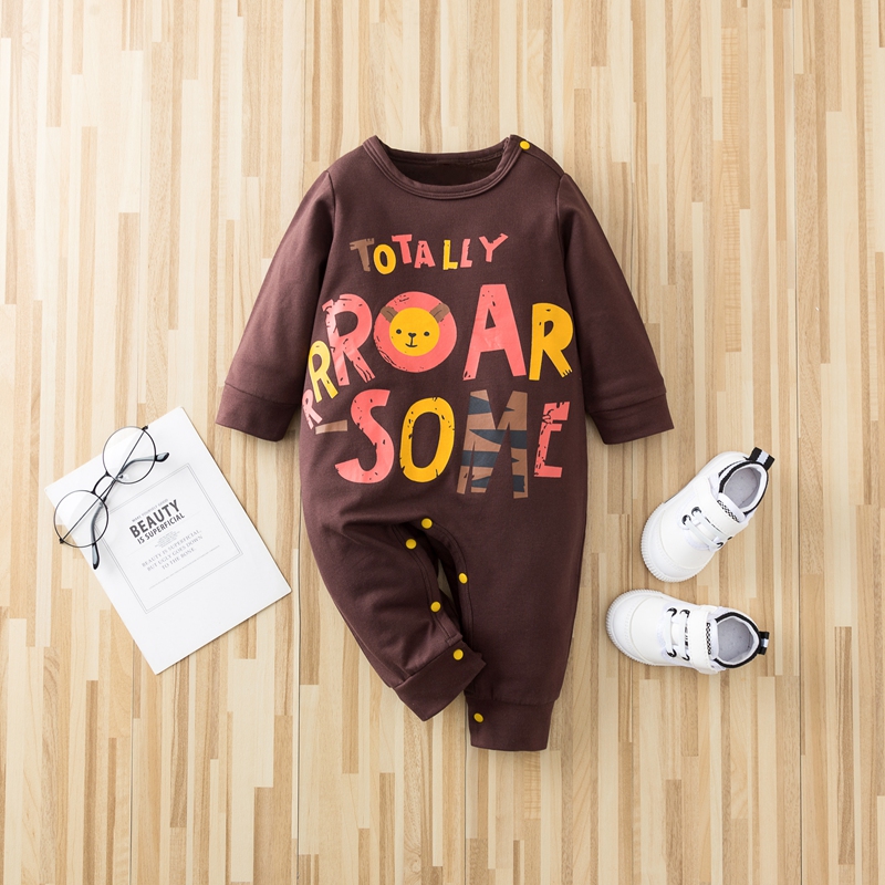 

100% Cotton Bear Letter Print Long-sleeve Ribbed Baby Jumpsuits