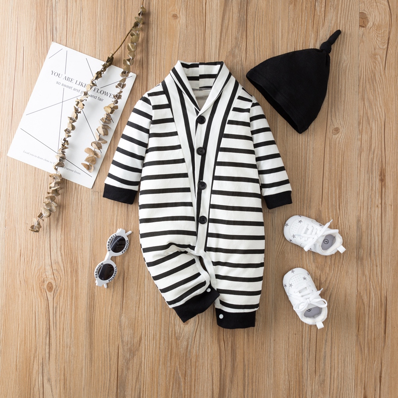 

2-piece Baby Striped Jumpsuit and Hat Set