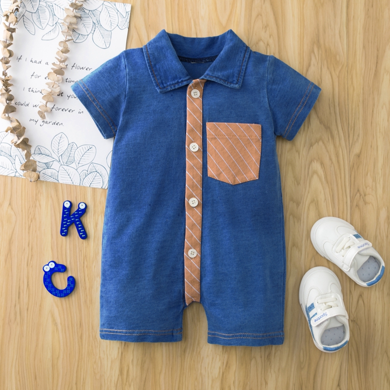 

100% Cotton Splice Lapel Collar Short-sleeve Blue Baby Romper