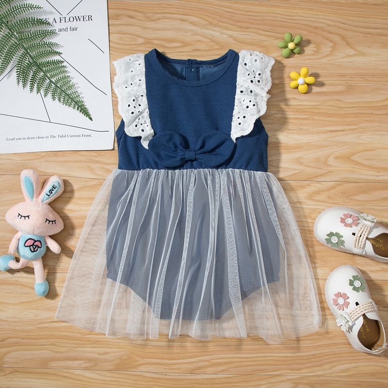 

100% Cotton Lace Flutter-sleeve Navy Baby Romper Dress