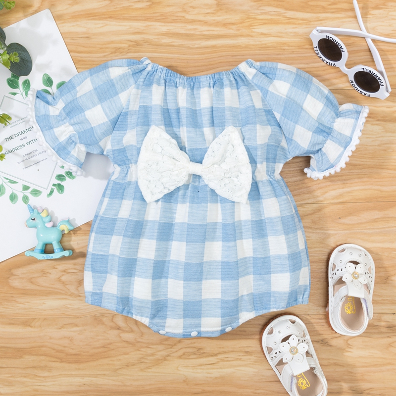 

100% Cotton White and Blue Plaid Short-sleeve Baby Romper