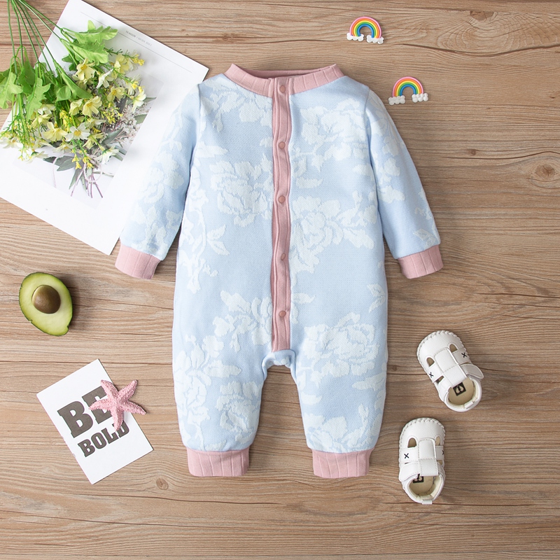 

100% Cotton Floral Print Long-sleeve Blue Baby Jumpsuit