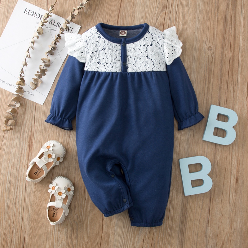 

100% Cotton Lace Decor Long-sleeve Blue Baby Jumpsuit