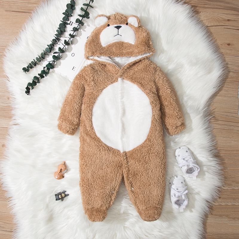 

100% Cotton Bear Hooded Footed Long-sleeve Fleece Baby Jumpsuit