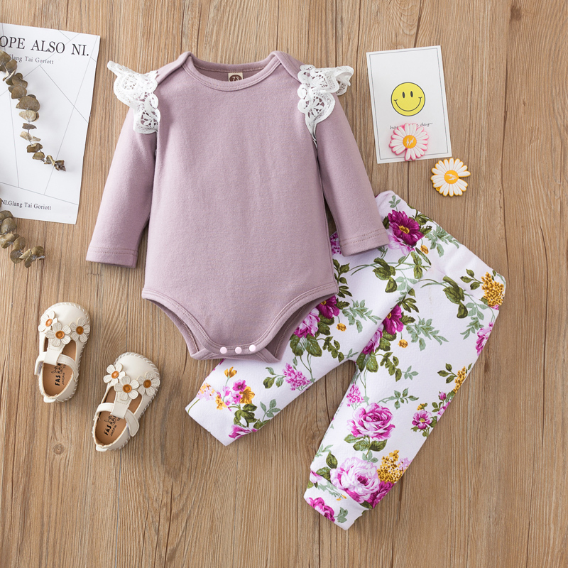 

2pcs Solid and Floral Long-sleeve Baby Set
