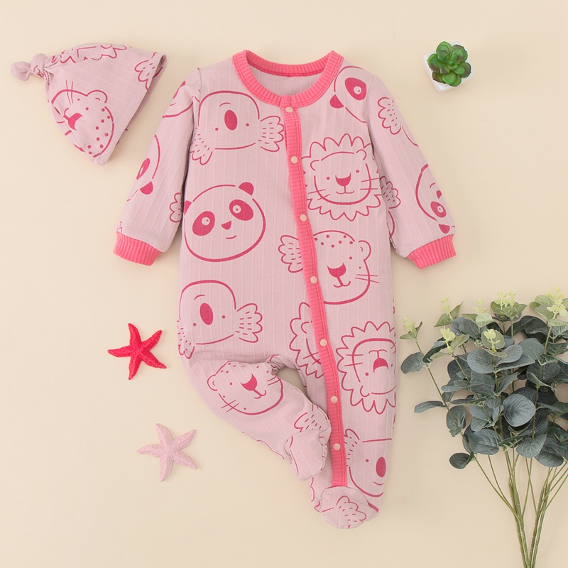 

100% Cotton 2pcs Animal Face Long-sleeve Knitted Baby Jumpsuit Set